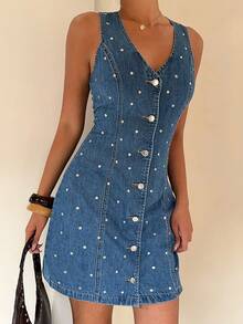 Aloruh Women's Summer Casual Sequin Front Button Denim Dress - Blue - View 6