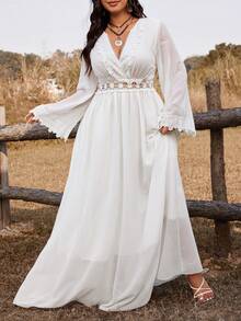 Ceyna Đầm dài tay dáng xòe, eo thon, chất liệu dệt hoa, cổ áo xếp ly, cỡ lớn, thích hợp cho đám cưới, tiệc tùng, lễ hội. - trắng - Xem 4