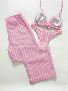 SHEIN Swim Chicsea 女士夏季沙滩条纹吊带性感比基尼泳装套装，含罩衫裤，女士泳衣套装，夏季休闲套装，女士泳装套装，女士沙滩套装，两件式沙滩套装 - 粉色 - 查看 2