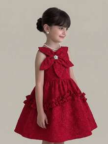 SHEIN Elegant Red Satin Traditional Wedding Dress For Girls,Sleeveless 3D Floral Jacquard Party Frock With Rhinestone Bow And Tiered Ruffle Hem For Toddler - Blue and White - View 2