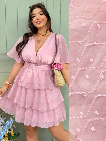 Vionelle 大码女士优雅提花褶皱派对蛋糕裙