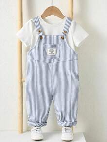 Bubblio 男女宝宝秋冬套装，连体裤，可爱小熊刺绣蓝白条纹背带裤，舒适百搭时尚休闲简约基础款，适合室内春季、户外滑雪、日常穿着、运动、玩耍、派对、节日、新年等场合。 - 藍色 - 查看 6