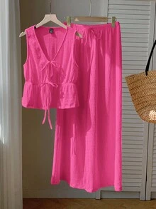 Comfortcana Women's Fuchsia Knitted Textured Front Tie Top And Pants Casual Suit - Hot Pink - View 5