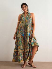 Freevana Bohemian Vintage Printed Halter Dress, Retro Distressed Loose Flowy Long Dress, Vacation Style Slimming Cover-Up Dress, Summer - Multicolor - View 3