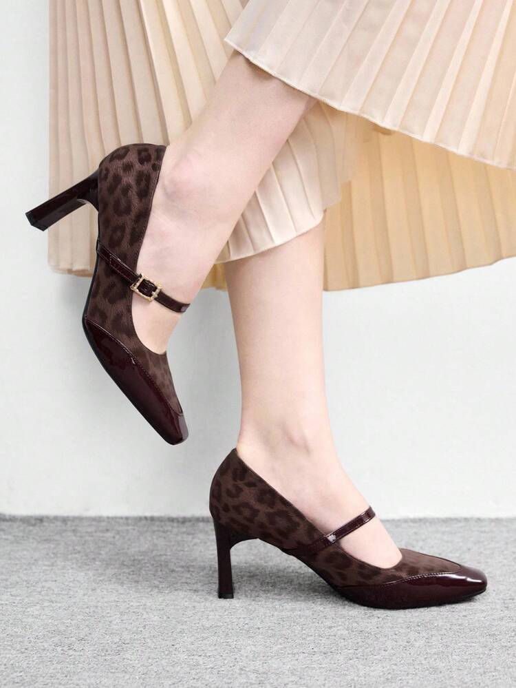 CUCCOO BIZCHIC Women Shoes Spring And Autumn New Small Square Toe High Thick Heel Brown Connection Leopard Print Simple Elegant Commuting Versatile Women's High Heel Shoes Light And Comfortable Go To Work Shopping Essential Low Vamp Shoes Women's Shoes Spring Shoes