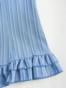 Sweetra Women's Summer Solid Color Ruffle Hem Tie Waist Short Sleeve Blouse - Baby Blue - View 5