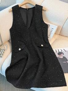 GlowEve CURVE Vestido elegante brillante con cuello en V para mujer de talla grande, adecuado para graduación, vacaciones, Día de San Valentín, festivales de música, Día de la Madre, Halloween, Acción de Gracias, Pascua, baile de graduación, citas, temporada de bodas, viajes al aire libre - Negro - Ver 9