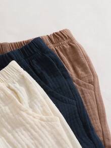 SHEIN Vintaside Kids 3入組男嬰休閒短褲 素色皺褶紋理 寬鬆版型 柔軟透氣 多入裝 夏季海灘校園穿搭褲 - 彩色 - 查看 5