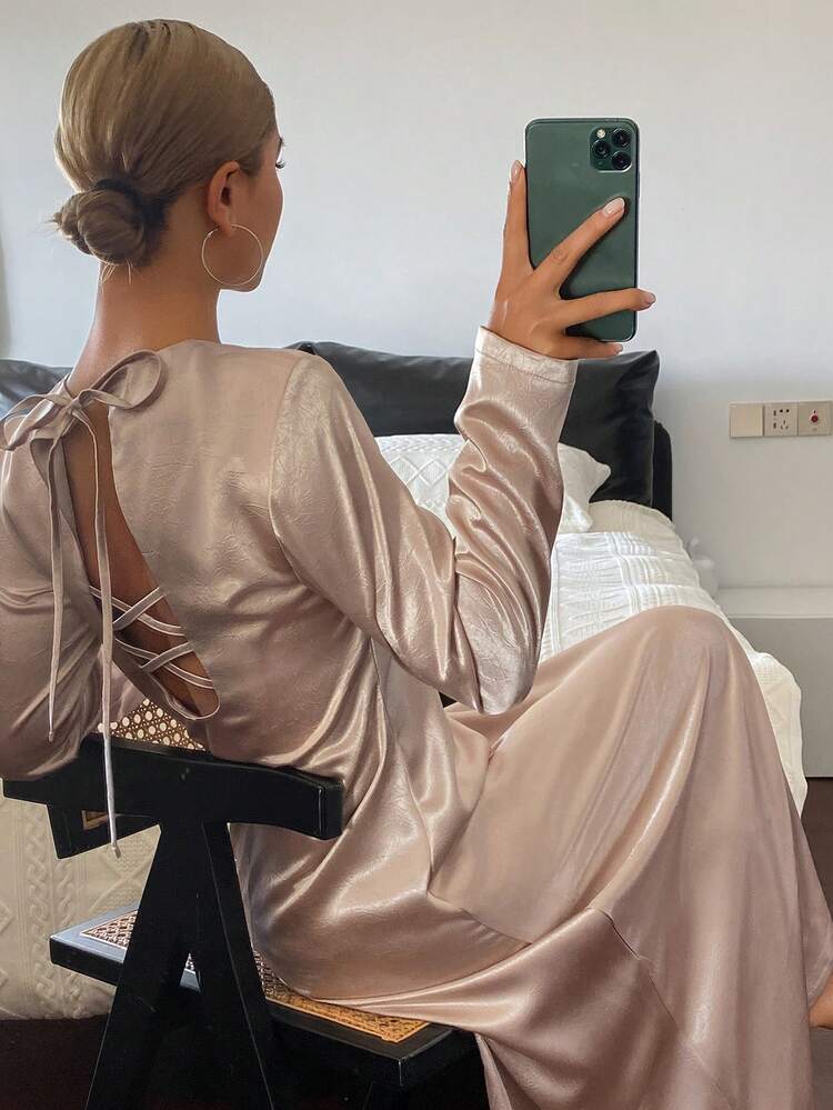 Satin Shiny Backless Criss-Cross Strap Loose Women Nightgown