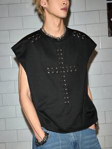 ROMWE MEN Street Life Men's Hip Hop Distressed Cross Graphic Tank Top - Black - View 4