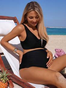 SHEIN 2026SS New Women's Maternity Tankini Set,Solid Black 2 Pieces Swimwear For Summer,Modest Beach Holiday,High Waisted Bikini Set Elegant Bathing Suits - Multicolor - View 5
