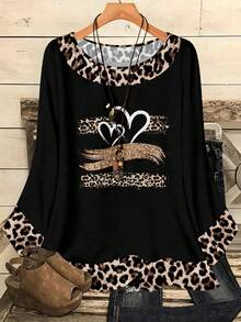 EMERY ROSE Áo sơ mi nữ tay lửng dáng rộng họa tiết trái tim in hình da báo, thích hợp mặc mùa thu/đông, áo dài tay in hình da báo cho nữ, kiểu dáng thường ngày. - Nhiều màu - Xem 3