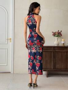 EastFlair Vestido midi ajustado elegante con estampado floral, abertura y sin mangas, para boda, cita, fiesta o evento, vestido casual de verano para mujer - Azul Marino - Ver 6