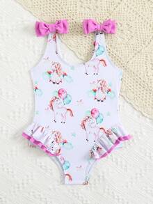 Baby Girls' Swimwear, Cute Cherry Pattern, Knitted Fabric, Double Bow Shoulder Straps, Flounced Legs, One-Piece Swimsuit, Fashion Casual Elegant Lady, Suitable For Swimming, Vacation, Summer - Pink - View 5