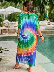 Swim Vcay 大码女式系带领撞色休闲度假沙滩长袖和服衬衫 - 彩色 - 查看 2