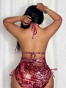 Slaydiva Áo tắm một mảnh cỡ lớn dành cho nữ, họa tiết da báo, kiểu tam giác và quần buộc dây bên hông, thích hợp cho kỳ nghỉ biển. - Đỏ - Xem 2