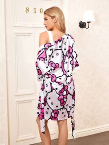 HELLO KITTY AND FRIENDS | SHEIN Women's Cartoon Pattern Belted Casual Short Sleeve Robe - White - View 2