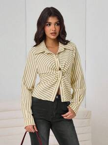 Aidyla Women's Yellow Woven Striped Textured Waist Drawstring Button-Up Elegant Blouse, Spring/Summer Western Top 70s Tops Tops For Women Tie Up Shirt Striped Blouse Elegant Yellow Striped Fabric Long Sleeve Collared Shirt For Women With Regular Hem And Twist Detail - Yellow - View 6