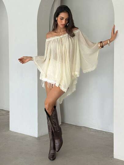 Aloruh Apricot Off Shoulder Sheer Top, Bohemian Style, Y2K Music Festival Open Shoulder Top, Solid Color Commuter Top, Easter, Beach For Woman, Summer For Women, Raves, Concert Women, Country Concert, Casual, Bohemia, Boho , Beach, Going Out Top, Vacation