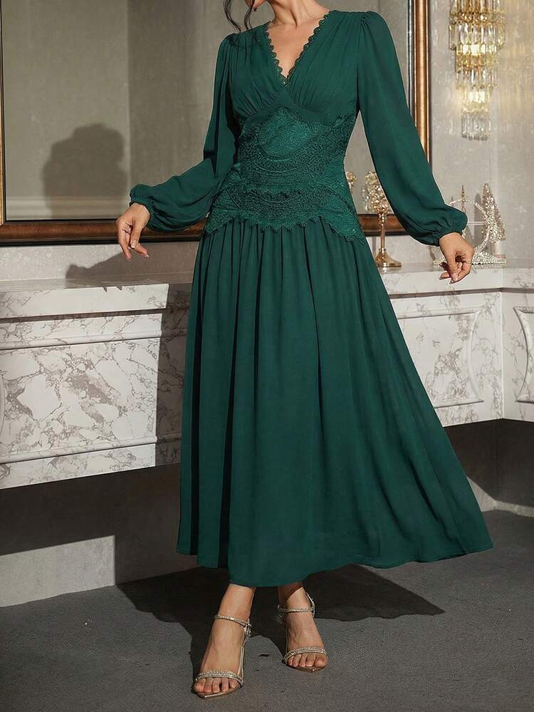 Spring/Summer Lace Patchwork Elegant Long Dress, Suitable For Wedding, Party, Formal Occasion, Commute Sundress