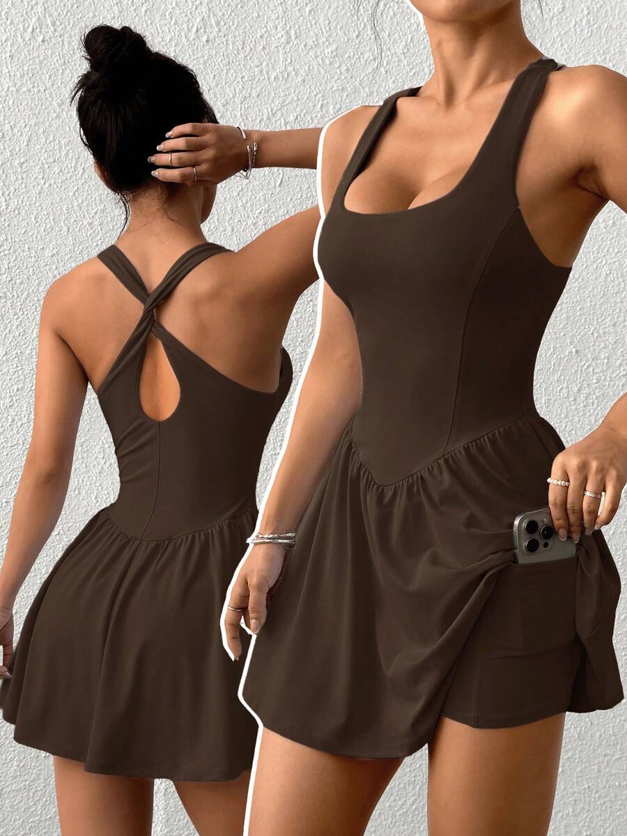 SHEIN EZwear 纯色宽肩带运动连衣裙配短裤泳装女装棕色吊带裙棕色连体裤女式棕色夏季连衣裙棕色性感连衣裙棕色连体裤连衣裙棕色连衣裙女式棕色连体裤棕色沙滩裙女式连衣裙棕色网球裙女装连衣裙女式连体裤夏季女式连体裤 - 巧克力棕 - 查看 1