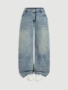 SHEIN MOD Jeans casuales de pierna recta de talla grande, azul - Azul lavado medio - Ver 1