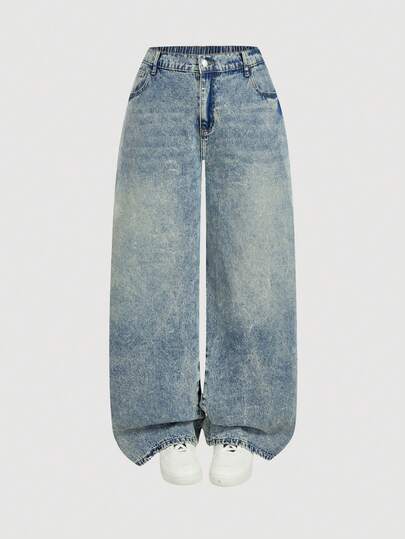 SHEIN MOD 大码直筒休闲牛仔裤，蓝色