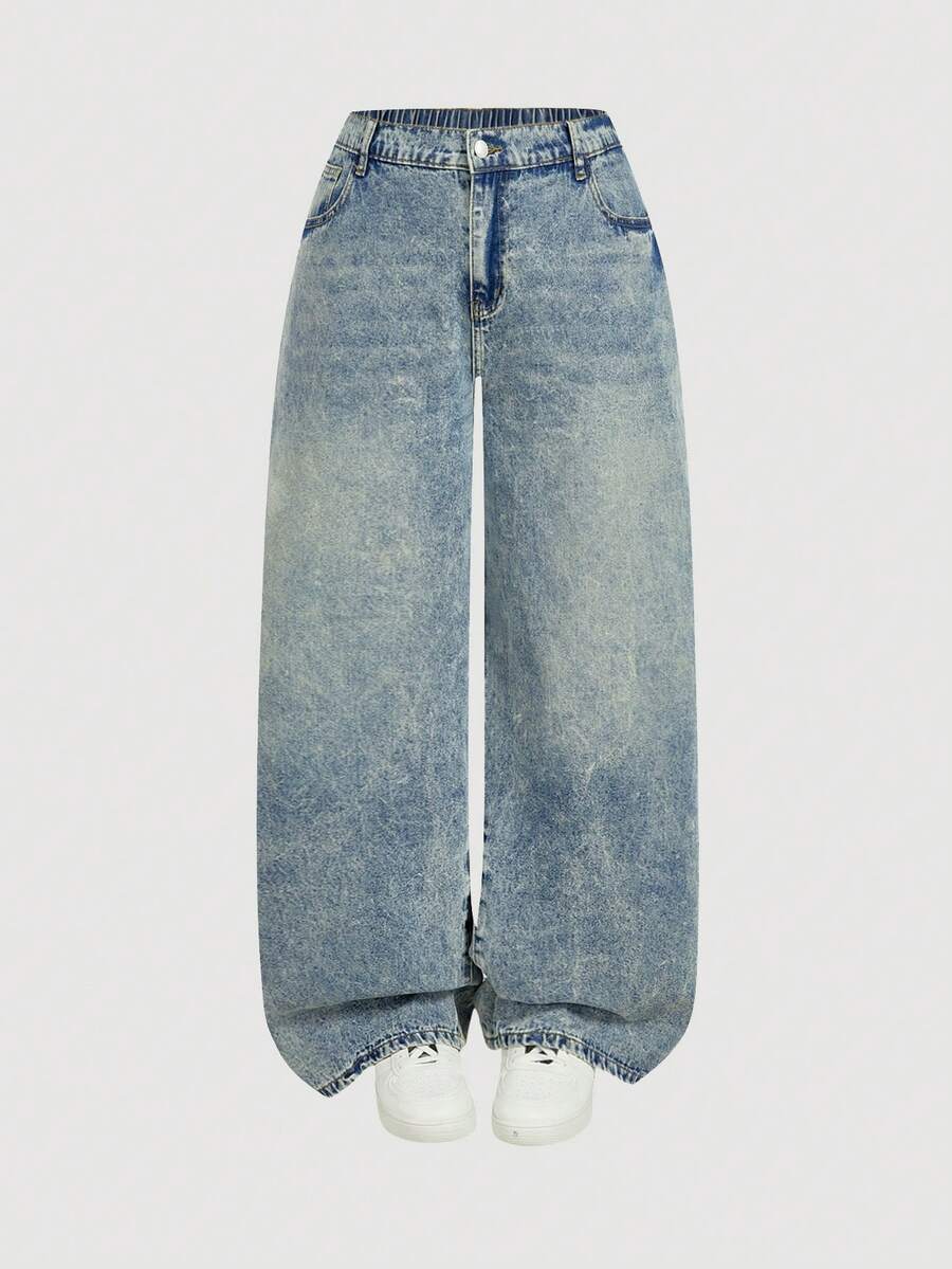 SHEIN MOD Jeans casuales de pierna recta de talla grande, azul - Azul lavado medio - Ver 1