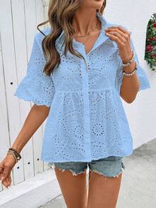 Breezaya Embroidered Shirt, Open Front Shirt, Embroidered Placket Shirt, Casual Shirt - Blue - View 4