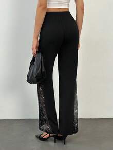 SHEIN Tall Ladies Elegant Mesh & Glitter Splice Black Slim Straight Leg Pants, Fit For Commuting, Casual And Daily Wear, Spring/Summer - Black - View 3