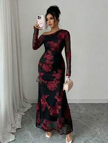 Rafferiza Đầm xẻ tà bất đối xứng bằng vải lưới Jacquard dành cho nữ - Đỏ và đen - Xem 3