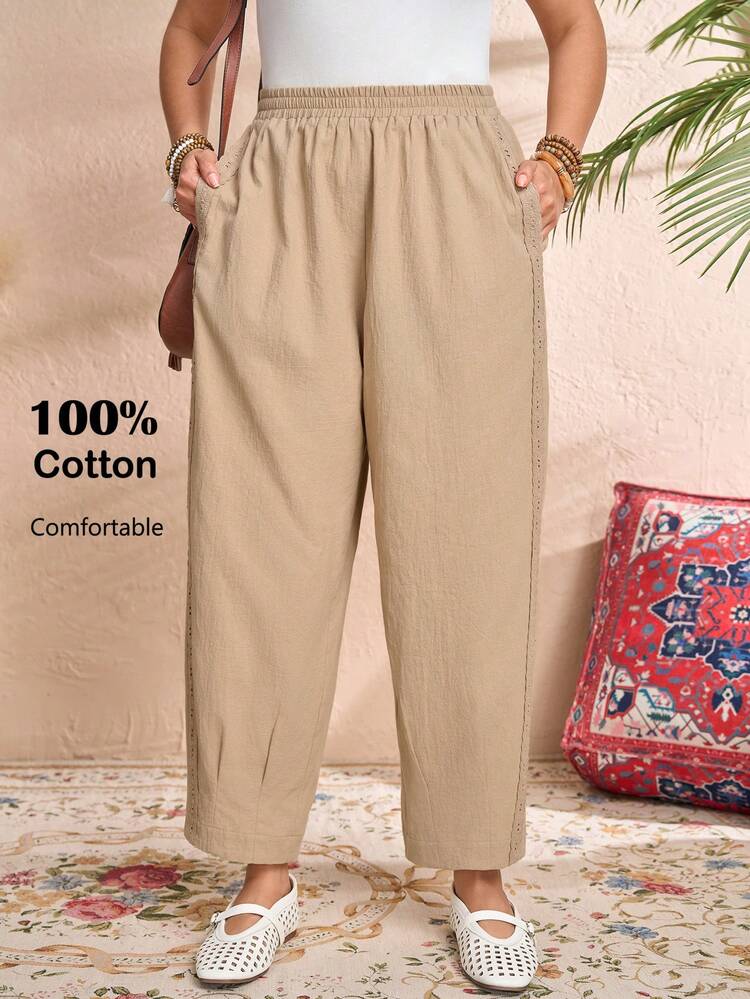 Plus Size Women's Summer Casual Vacation Country Casual Vacation Lace Patchwork Solid Color Khaki Cropped Pants With Pockets,Early Spring,Spring Break, Vacation Women, Holiday For Women,Spring Women,Going Out,2026 New,Simple And Fashionable For Everyday Wear, Women Summer Pants