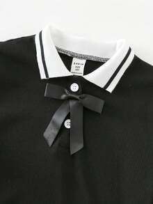 Vestido ajustado de punto acanalado con botones, cuello de contraste y bordado de mariposa para niña preadolescente, vestidos de verano en negro y blanco - Negro - Ver 4