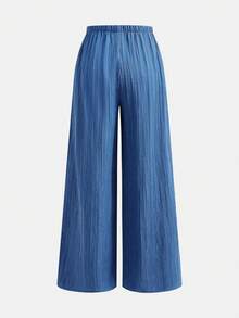 SHEIN 少女休闲纹理编织蓝色无袖上衣和直筒裤套装，适合度假、派对、优雅场合、返校季、春夏户外度假、家庭野餐、日常穿着。 - 藍色 - 查看 4