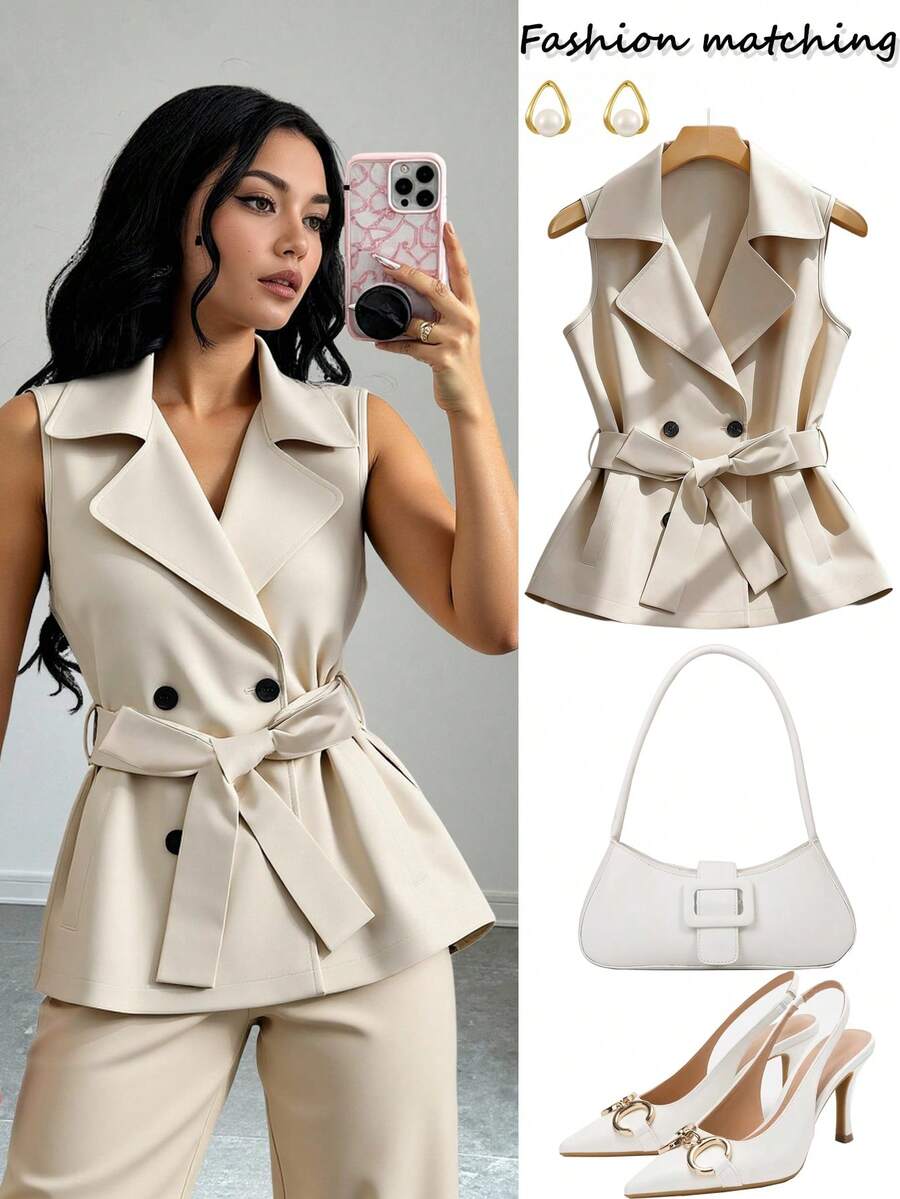 SHEIN Franclia Franclia Fashionable Casual Sleeveless Women Trench Coat - Khaki - View 1