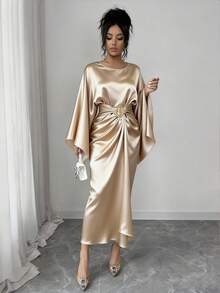 Franclia Đầm dài tay cổ tròn, dáng xòe, chất liệu satin trơn, thanh lịch dành cho nữ, màu mơ, thích hợp cho hẹn hò, dự tiệc, thường ngày, mọi mùa, kiểu dáng Trung Đông, đầm satin, đầm dự tiệc. - Màu be - Xem 1