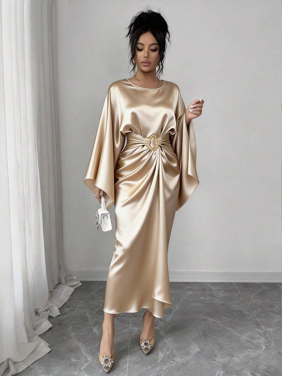 Franclia Đầm dài tay cổ tròn, dáng xòe, chất liệu satin trơn, thanh lịch dành cho nữ, màu mơ, thích hợp cho hẹn hò, dự tiệc, thường ngày, mọi mùa, kiểu dáng Trung Đông, đầm satin, đầm dự tiệc. - Màu be - Xem 1