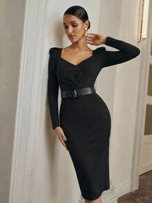 Anewsta Váy bodycon tay bồng cổ chữ V gợi cảm kiểu Pháp cạp cao xẻ tà dành cho nữ - màu đen - Xem 3