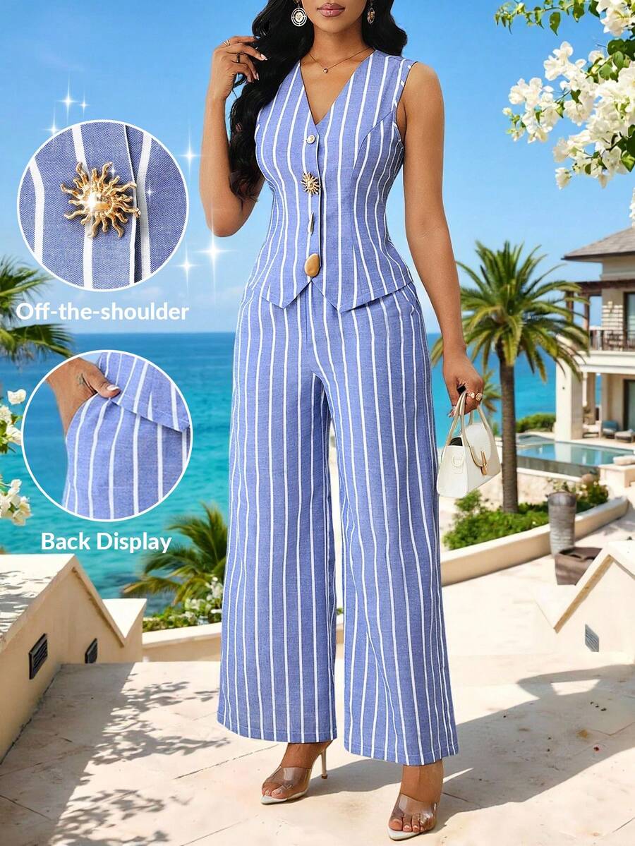 SHEIN Lady Bộ 2 món áo vest kim loại kẻ sọc cài một hàng khuy và quần ống rộng thường ngày cho nữ - Màu xanh lam - Xem 1