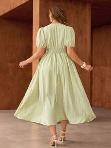 Roveilla Plus Size Women's New Spring Dress, Summer Ladies Clothing Textured Dress, Flared Hem Dress, Birthday Dress, Vacation Bohemian Style Elegant Wedding Guest Romantic Dress Summer Elegant Dress Smocked Women Dress Light Green Dress Women Elegant Summer Dress Women Casual Dresses Women Dresses Elegant Classic Picnic Dresses For Women Women's Dress Resort Wear Women Vacation Dress Summer Elegant Dresses For Women Long Casual Dresses For Woman - Light Yellow - View 3