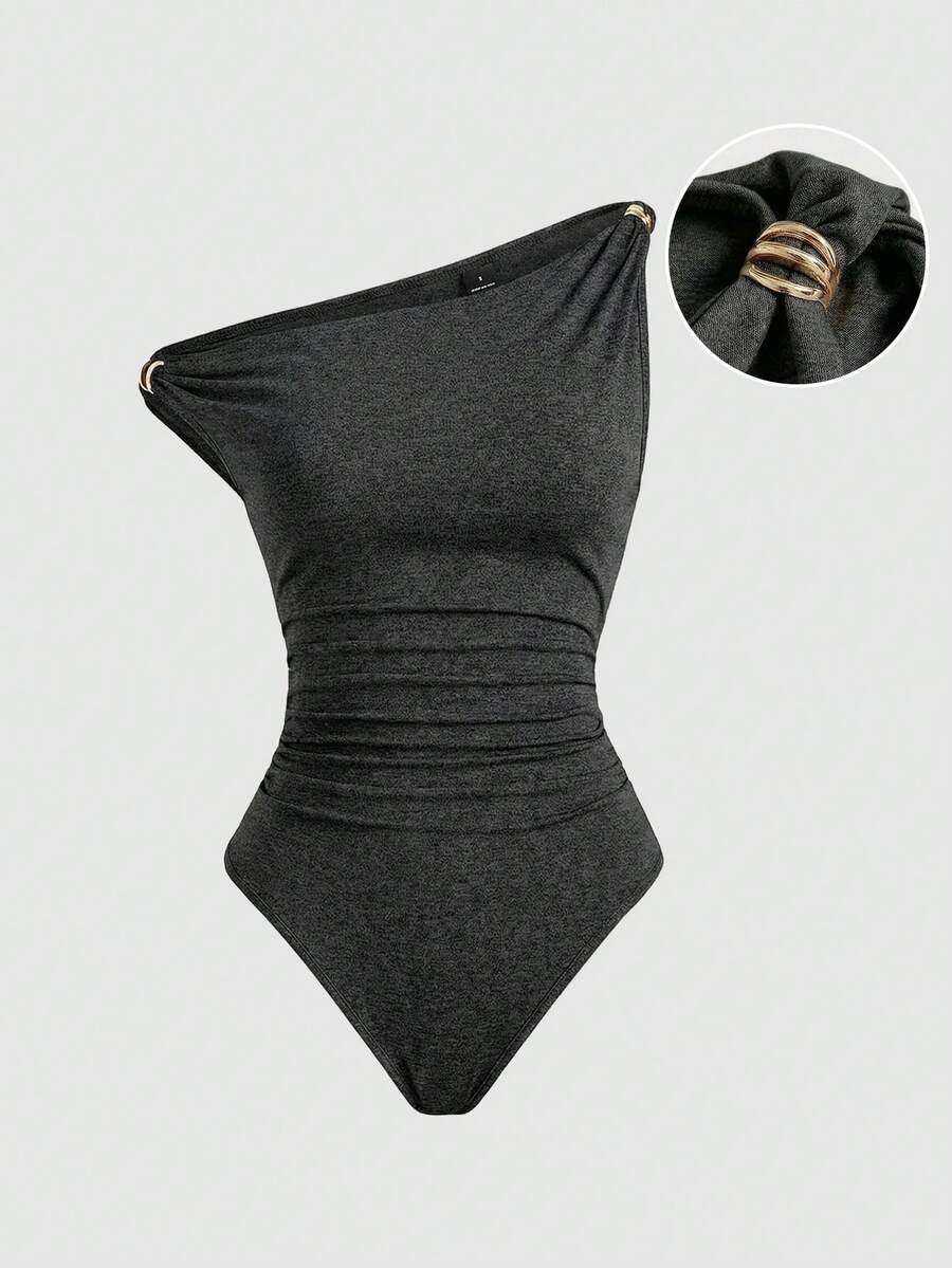 Sweetra Women's Casual Versatile Vacation Style Asymmetric Shoulder Metal Decor Ruched Bodysuit, Spring/Summer One Shoulder Bodysuit - Dark Grey - View 1