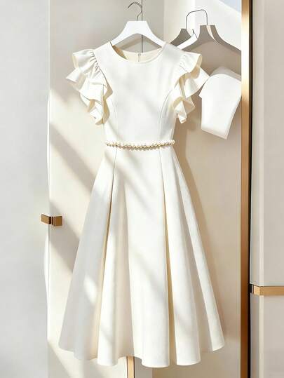 GlowEve 女士春夏时尚珍珠链装饰A字连衣裙，喇叭袖设计，适合日常外出、约会、派对、毕业典礼、节日、情人节等场合。