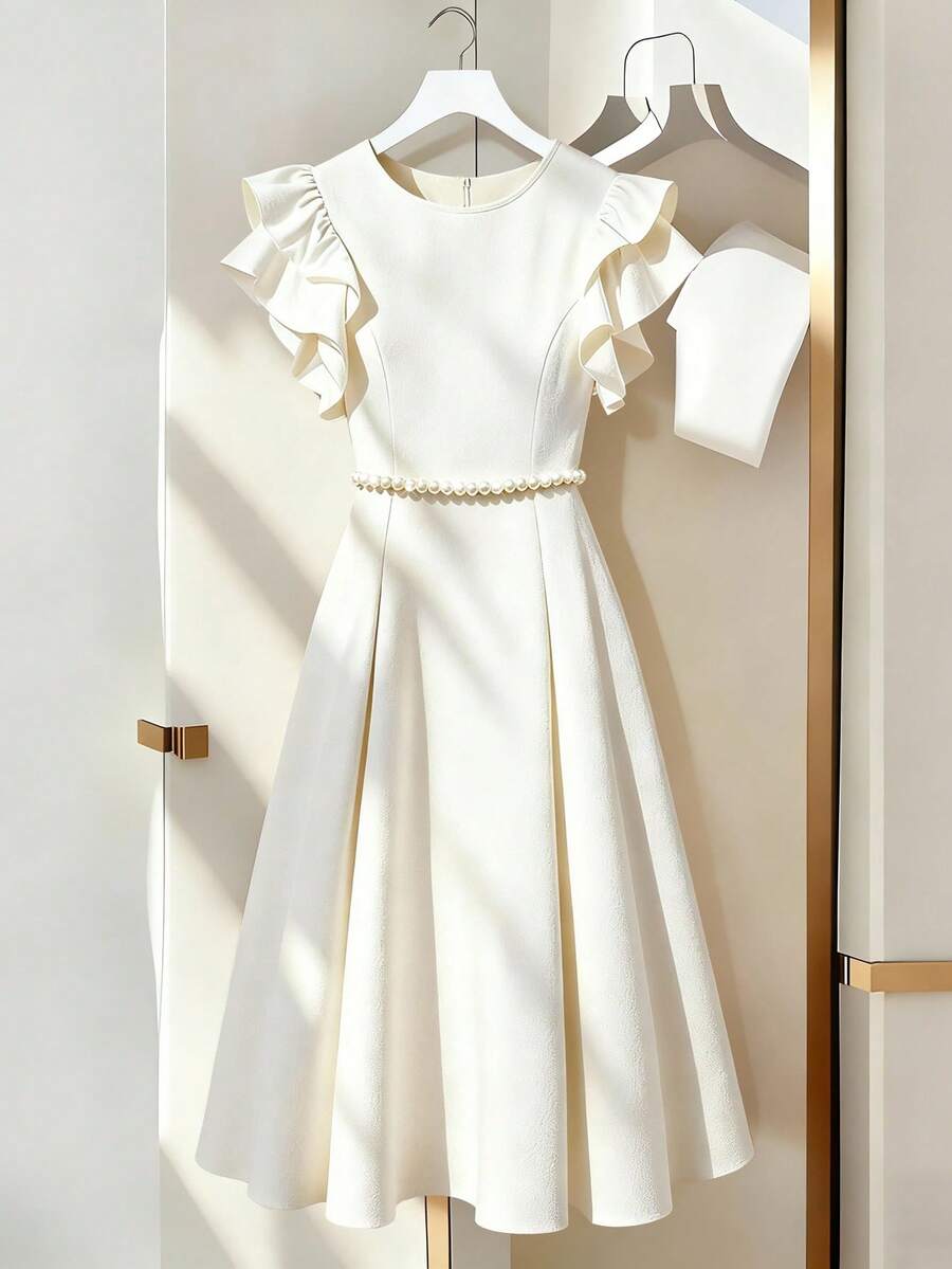 GlowEve 女士春夏时尚珍珠链装饰A字连衣裙,喇叭袖设计,适合日常外出、约会、派对、毕业典礼、节日、情人节等场合。 - 白色 - 查看 1
