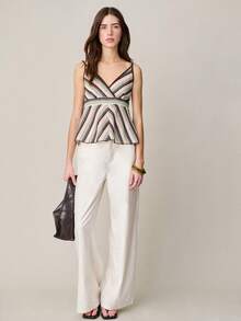 Nöista Green And White Striped,Summer,Boho,Vacation Multi-Colored Knit Camisole,Deep V-Neck Wrap Flowing A-Line Silhouette Fitted Hand-Knit Casual Tank Top - Green - View 3