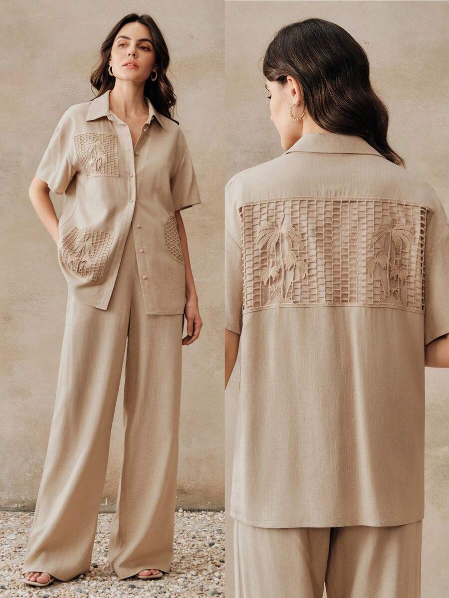 Anewsta Women's New Elegant Short Sleeve Gray Linen Coconut Tree Vacation Blouse Top, Summer Shirt - Khaki - View 1