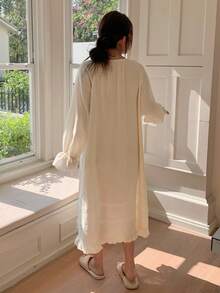 Dazy Plus Plus Size Sweet Lace Patchwork Ruffle Hem Long Sleeve Nightgown Pajamas - Apricot - View 8