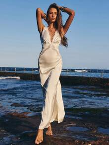 Opulessa 纯色V领露肩优雅连衣裙，适合女士，春夏款 - 米色 - 查看 5