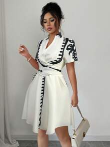 Rafferiza 女士夏季法式休闲度假简约翻领短袖交叉系带印花短款休闲连衣裙 - 杏色 - 查看 4