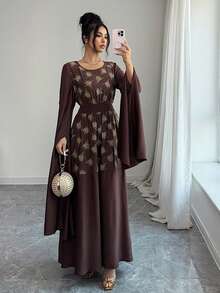 Rafferiza Elegant Round Neck, Extra Long Slit Flare Sleeve, Printed Patchwork, Cinched Waist A-Line Dress, Middle Eastern Style, Brown - Coffee Brown - View 4