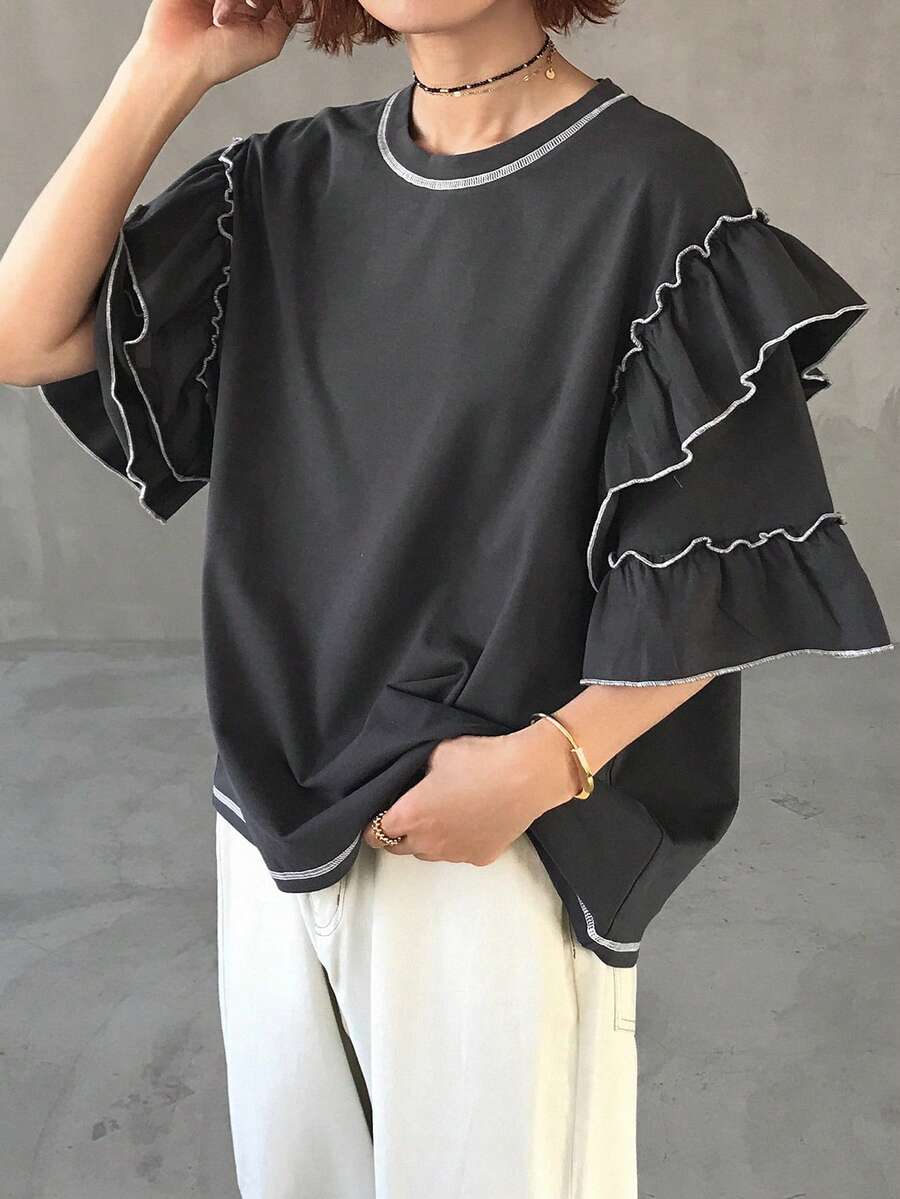 FRIFUL Women's Contrast Color Layered Pleated Ruffle Hem Loose Casual Versatile T-Shirt, Spring/Summer - Dark Grey - View 1